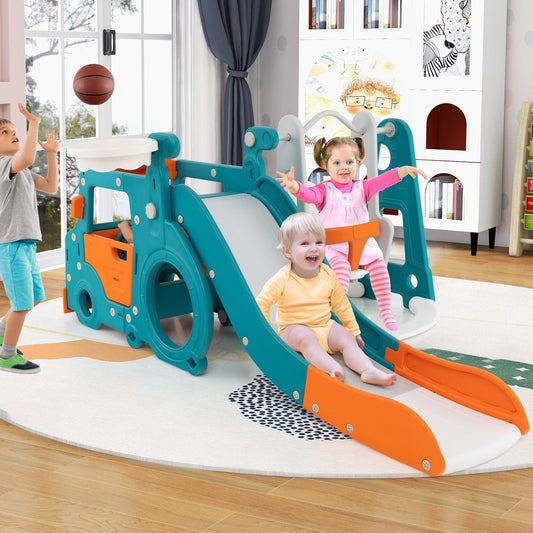 5-in-1 Kids Slide and Swing Set with Baby Swing Mini Bus Crawling Tunnel-Multicolor