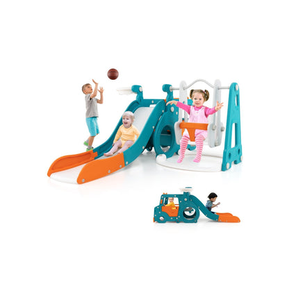 5-in-1 Kids Slide and Swing Set with Baby Swing Mini Bus Crawling Tunnel-Multicolor