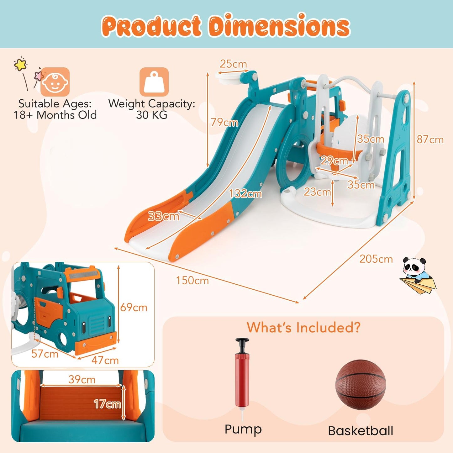 5-in-1 Kids Slide and Swing Set with Baby Swing Mini Bus Crawling Tunnel-Multicolor