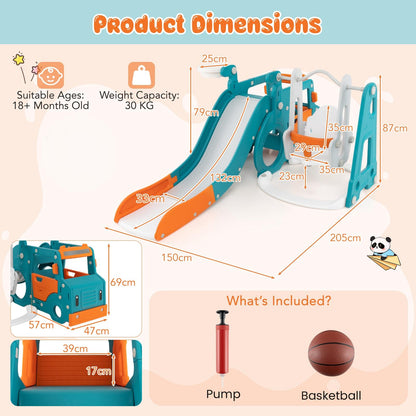 5-in-1 Kids Slide and Swing Set with Baby Swing Mini Bus Crawling Tunnel-Multicolor