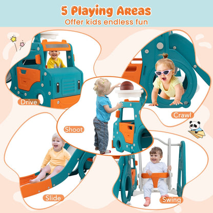 5-in-1 Kids Slide and Swing Set with Baby Swing Mini Bus Crawling Tunnel-Multicolor