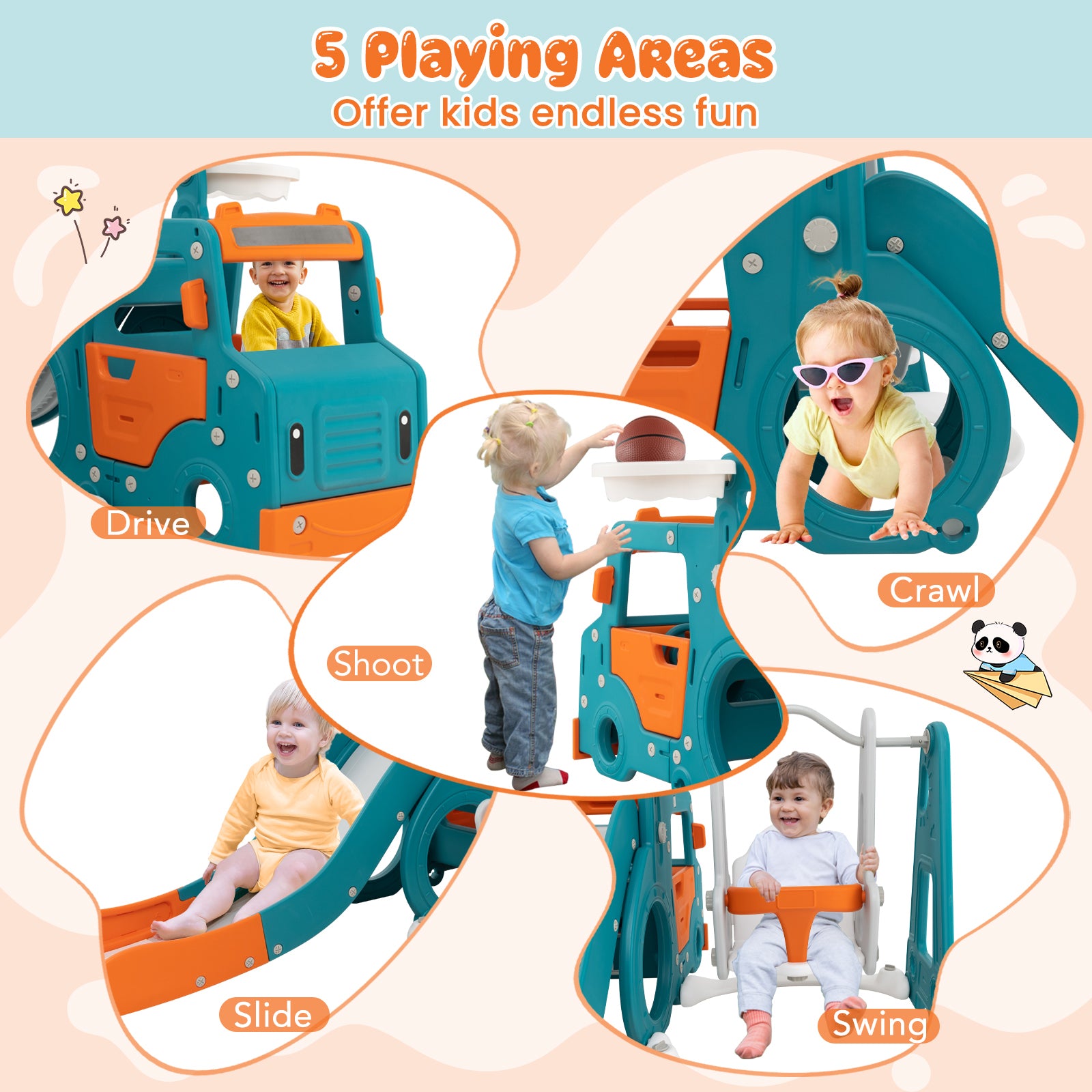 5-in-1 Kids Slide and Swing Set with Baby Swing Mini Bus Crawling Tunnel-Multicolor