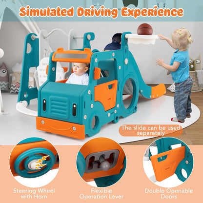 5-in-1 Kids Slide and Swing Set with Baby Swing Mini Bus Crawling Tunnel-Multicolor