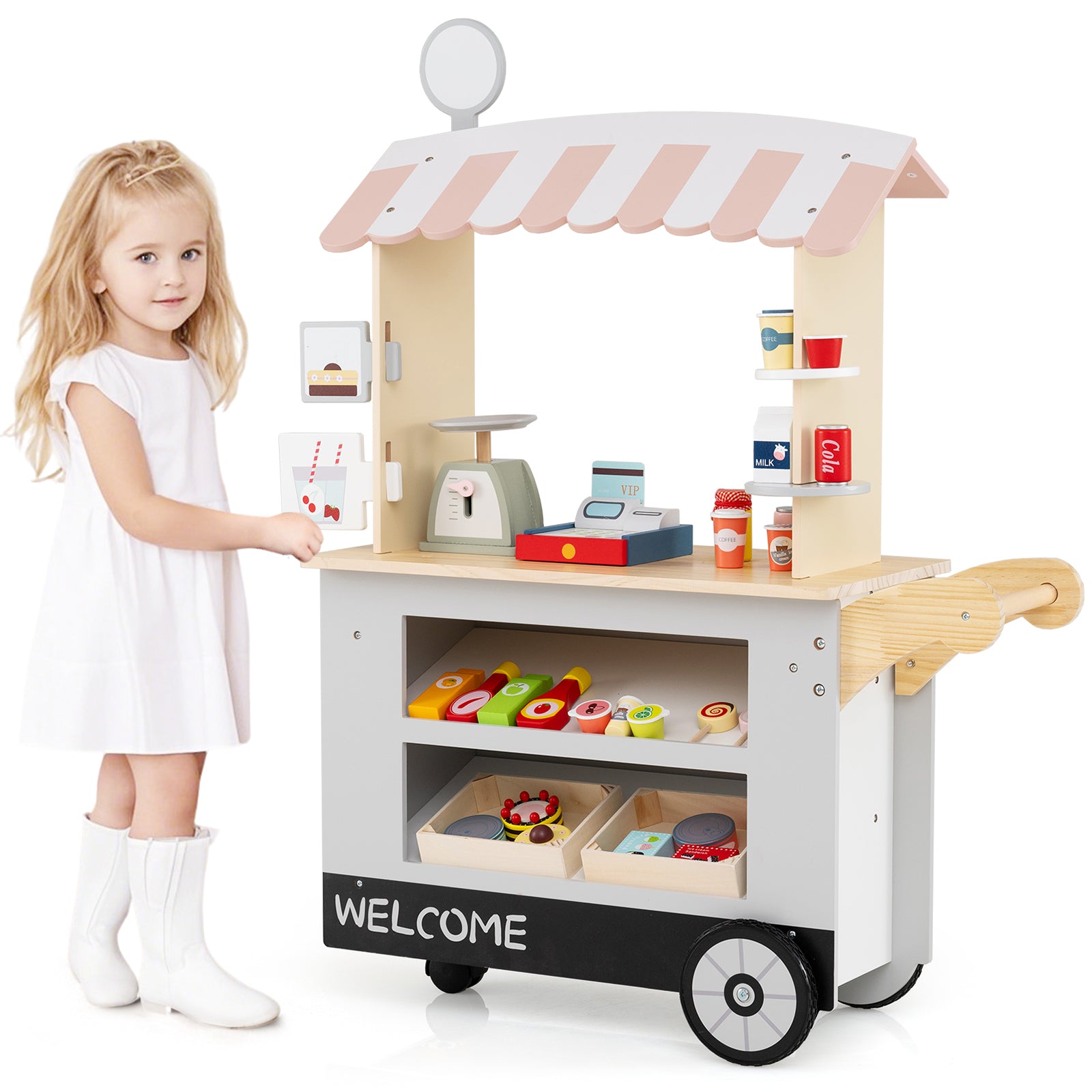 Kids Snacks and Sweets Food Cart Toy Cart Play Set with POS Machine-Grey