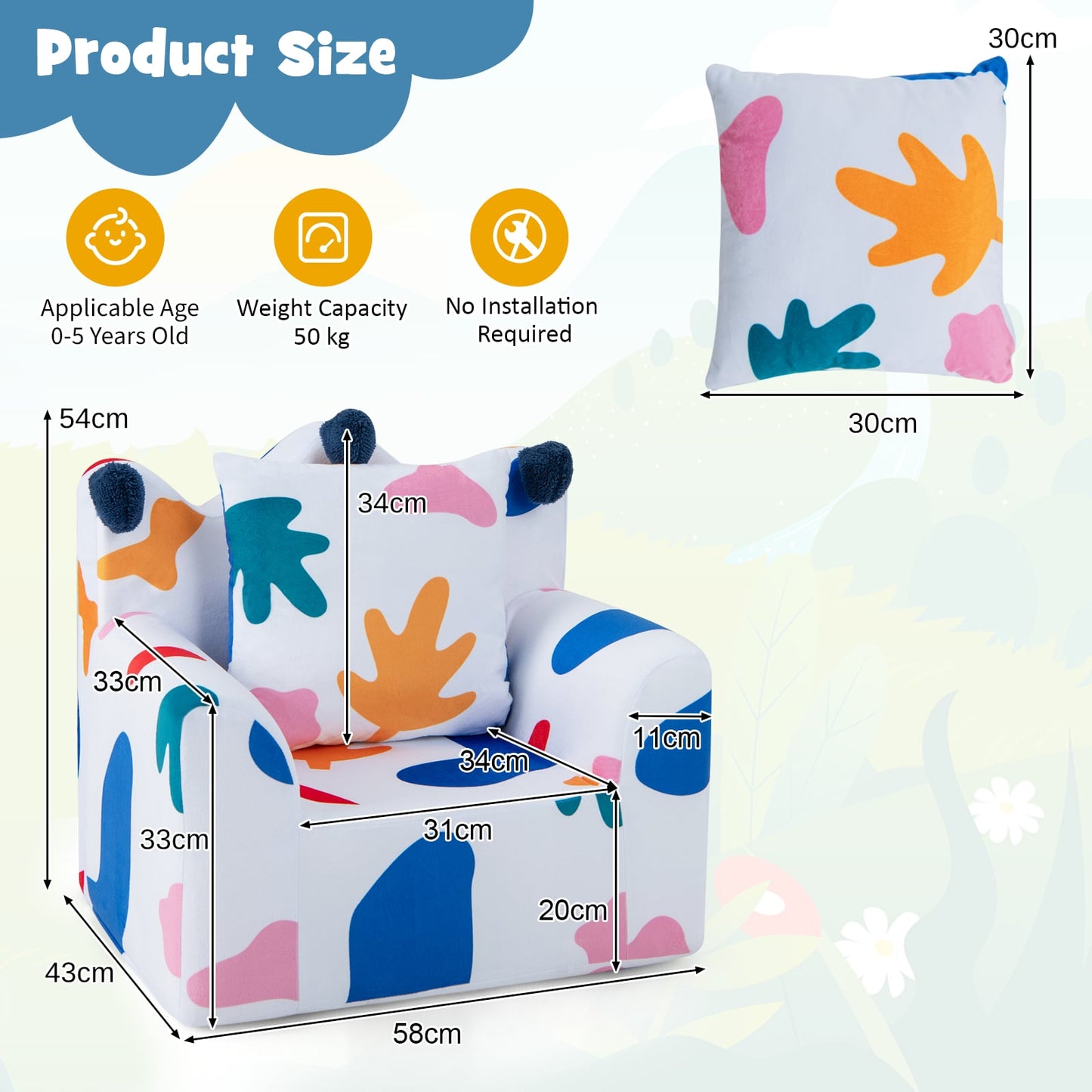 Kids Sofa Chair Foam Filled Armchair with  Extra Padded Pillow-White