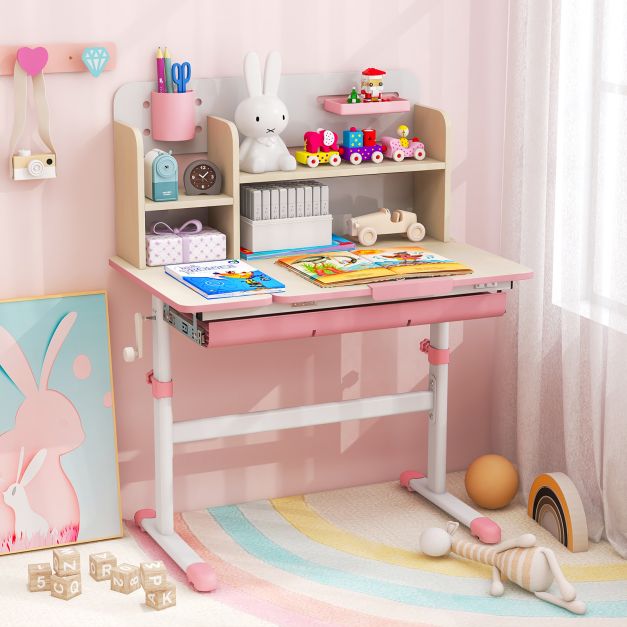 Kids Study Desk Height Adjustable Children Writing Table with Tilt Desktop-Pink