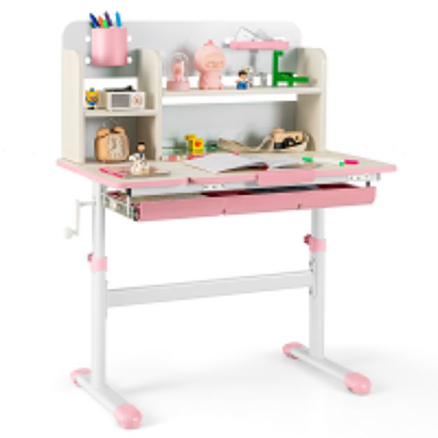 Kids Study Desk Height Adjustable Children Writing Table with Tilt Desktop-Pink