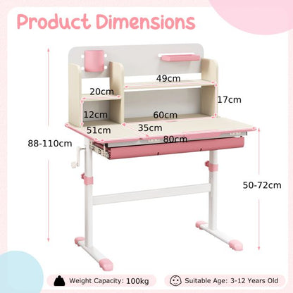 Kids Study Desk Height Adjustable Children Writing Table with Tilt Desktop-Pink