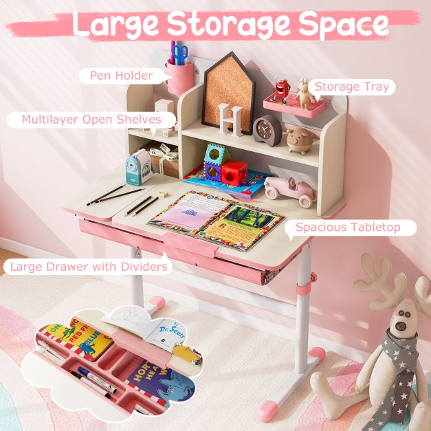 Kids Study Desk Height Adjustable Children Writing Table with Tilt Desktop-Pink