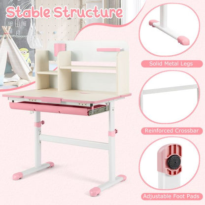 Kids Study Desk Height Adjustable Children Writing Table with Tilt Desktop-Pink