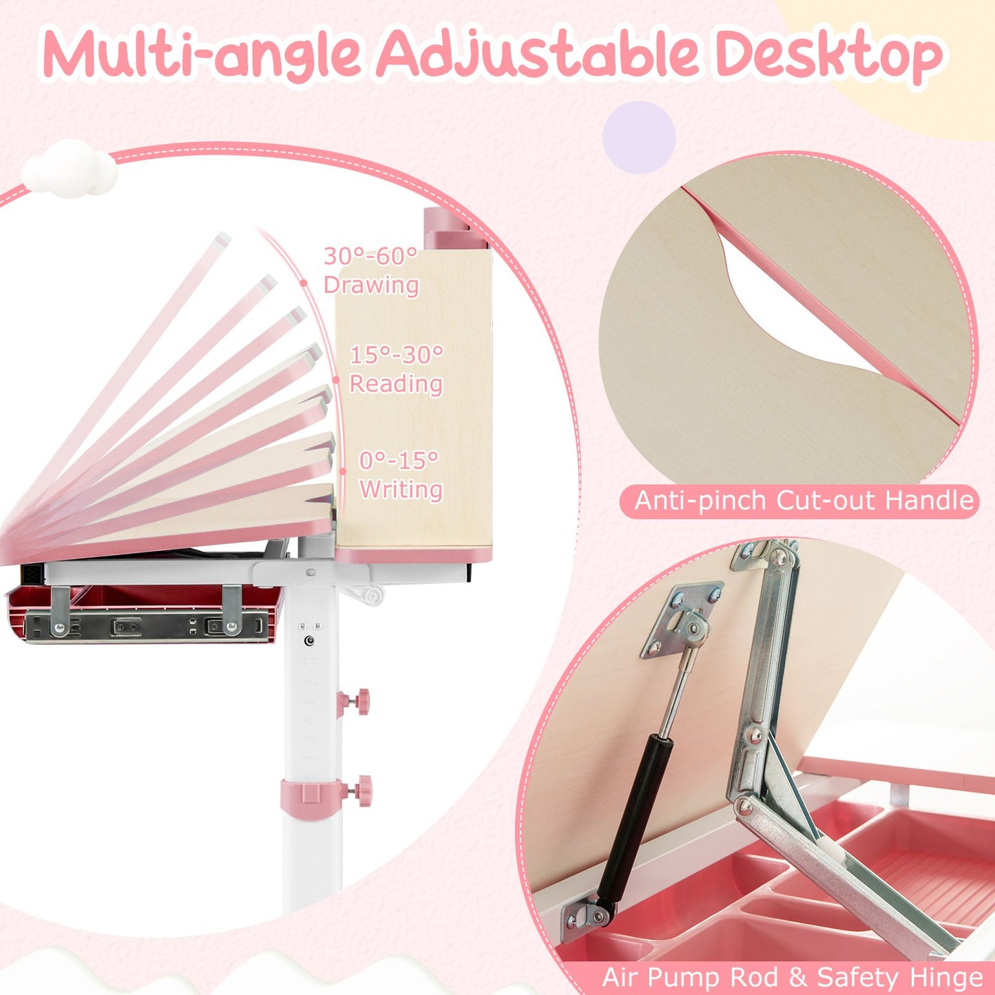 Kids Study Desk Height Adjustable Children Writing Table with Tilt Desktop-Pink