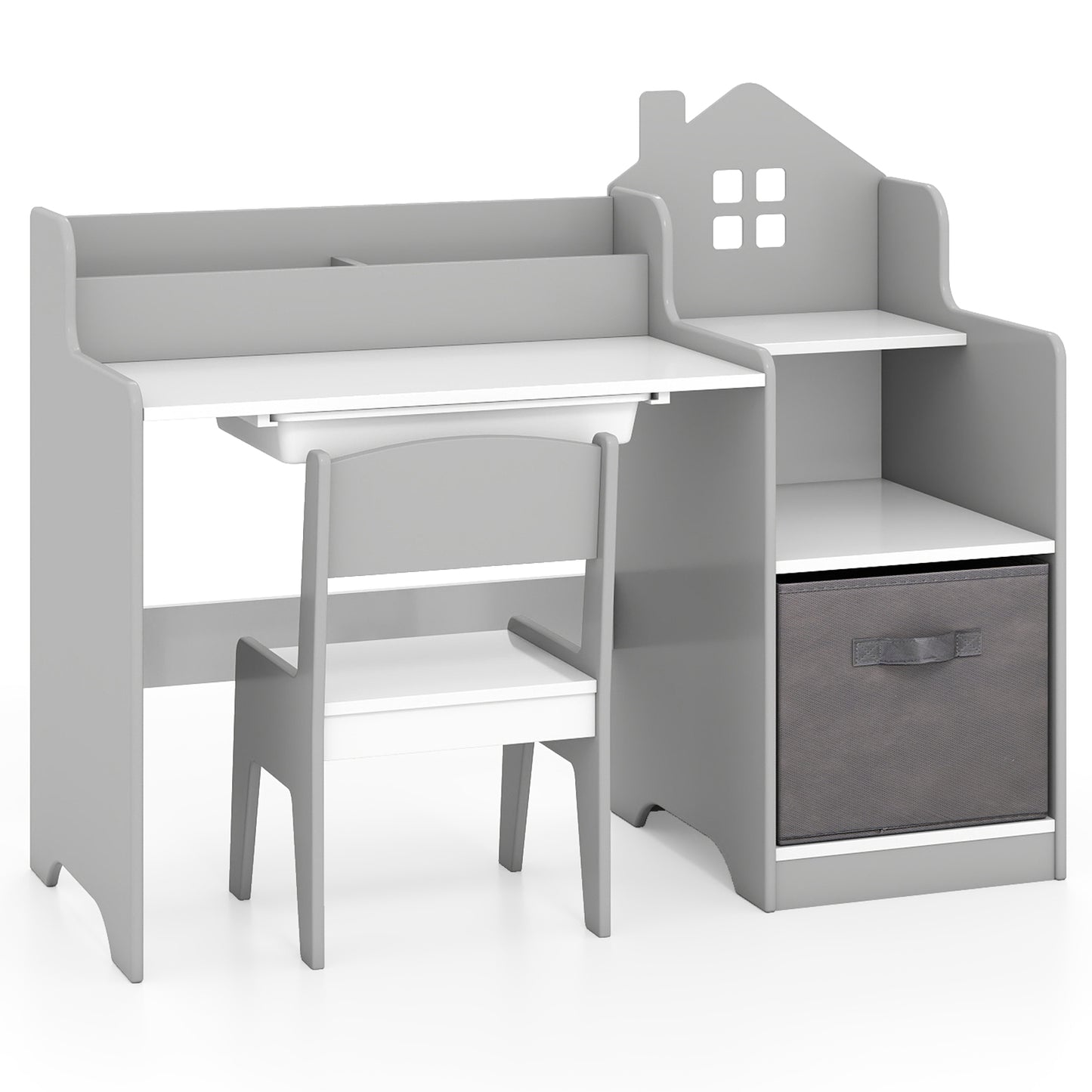 Kids Study Desk and Chair Set Children Study Table with Open Shelves-Grey