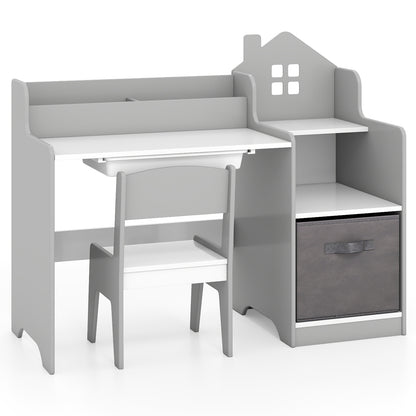Kids Study Desk and Chair Set Children Study Table with Open Shelves-Grey