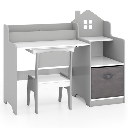Kids Study Desk and Chair Set Children Study Table with Open Shelves-Grey