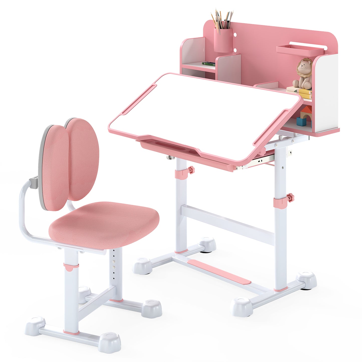 Kid's Study Desk and Chair Set with Tilt Desktop and Footrest Bar-Pink