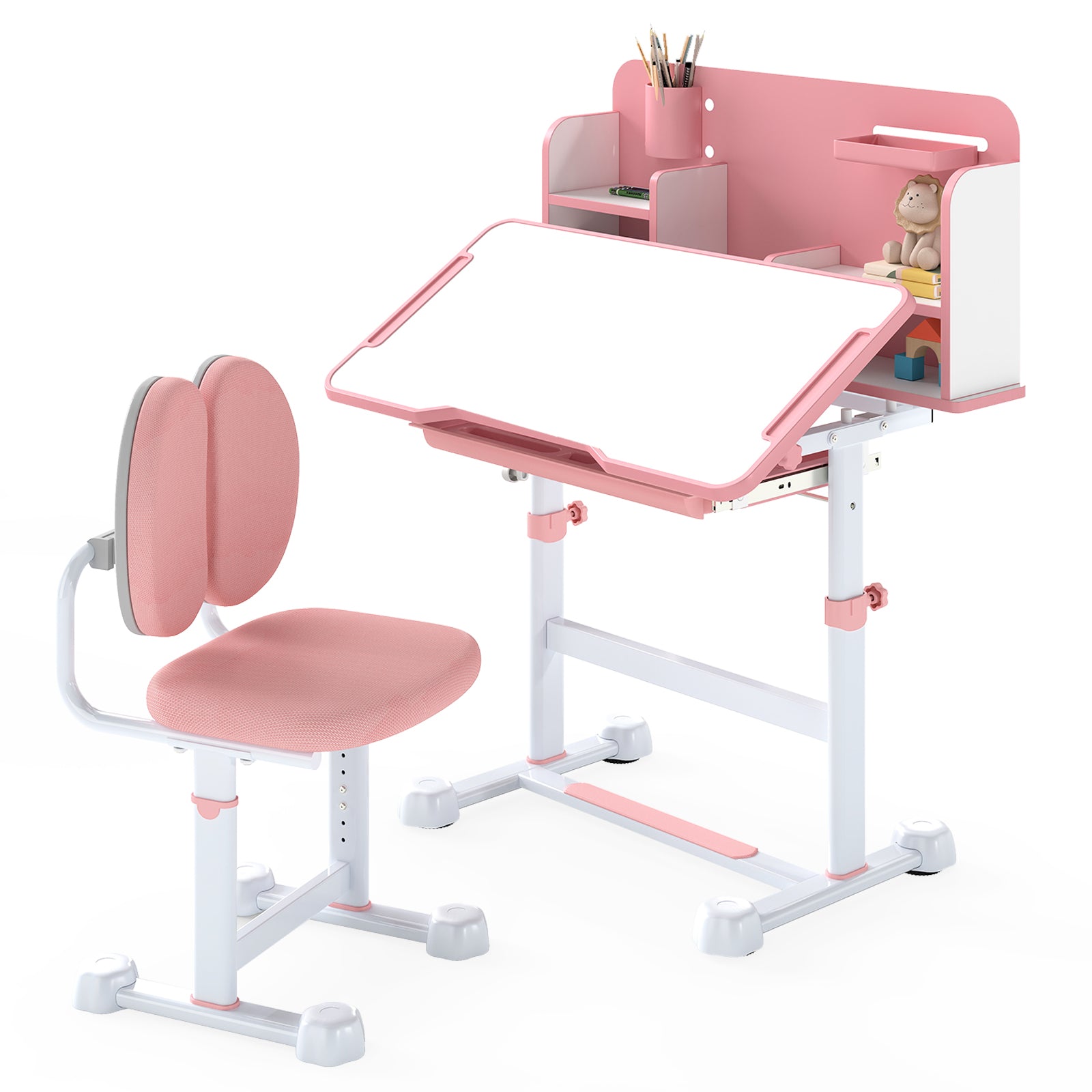 Kid's Study Desk and Chair Set with Tilt Desktop and Footrest Bar-Pink