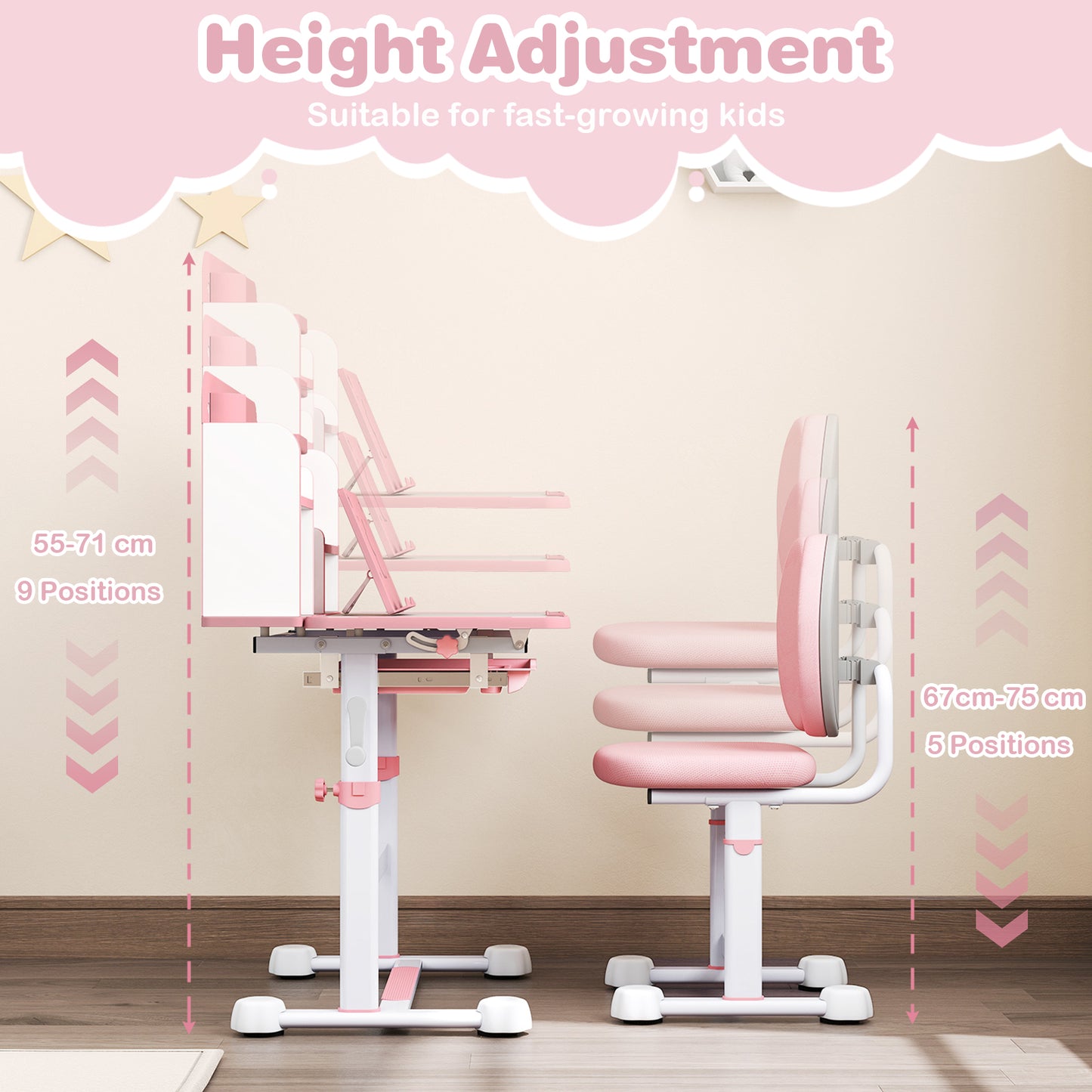 Kid's Study Desk and Chair Set with Tilt Desktop and Footrest Bar-Pink