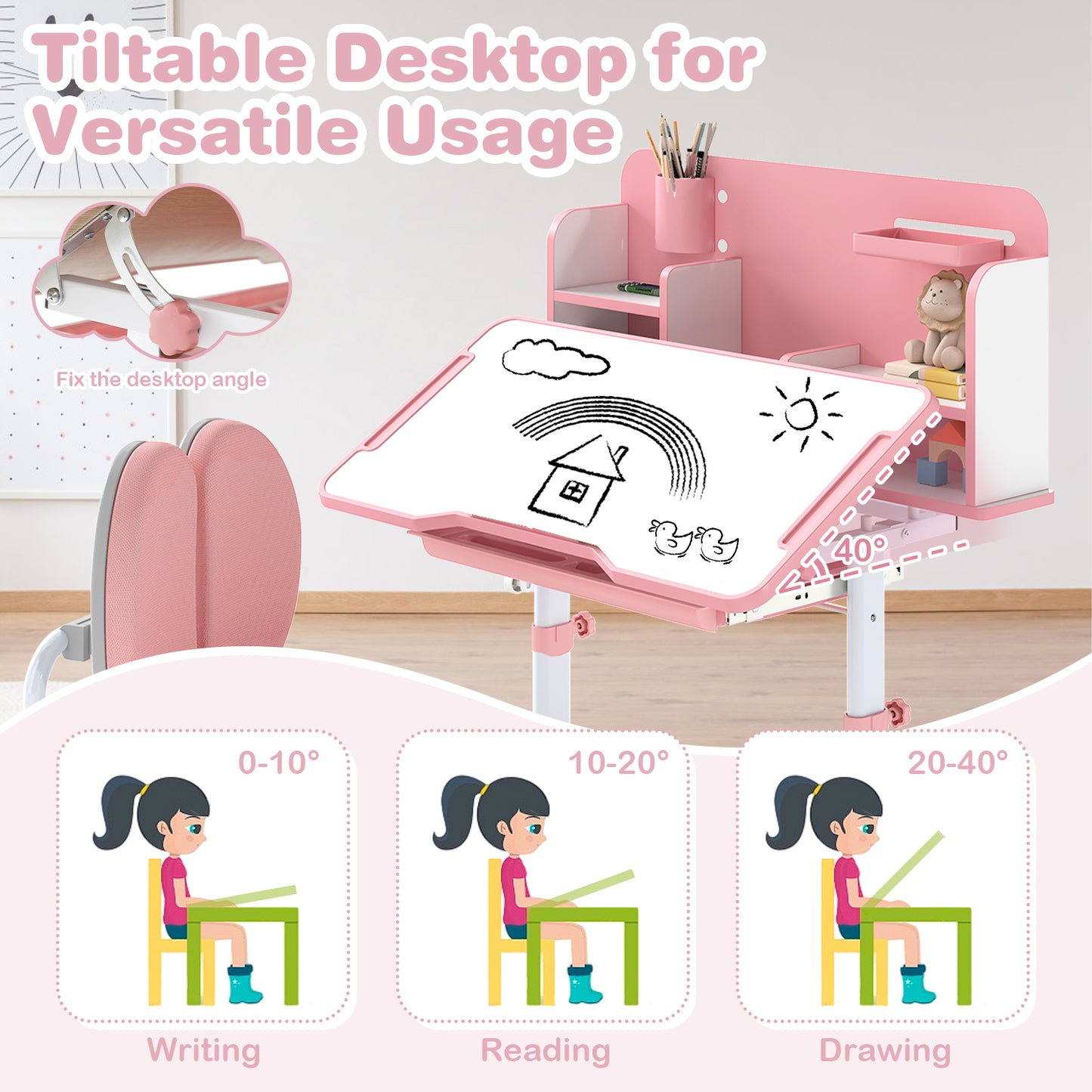 Kid's Study Desk and Chair Set with Tilt Desktop and Footrest Bar-Pink