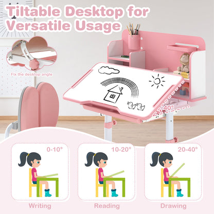 Kid's Study Desk and Chair Set with Tilt Desktop and Footrest Bar-Pink
