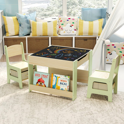 4 in 1 Kids Table and Chairs Set with Reversible Tabletop and Bookshelves-Green
