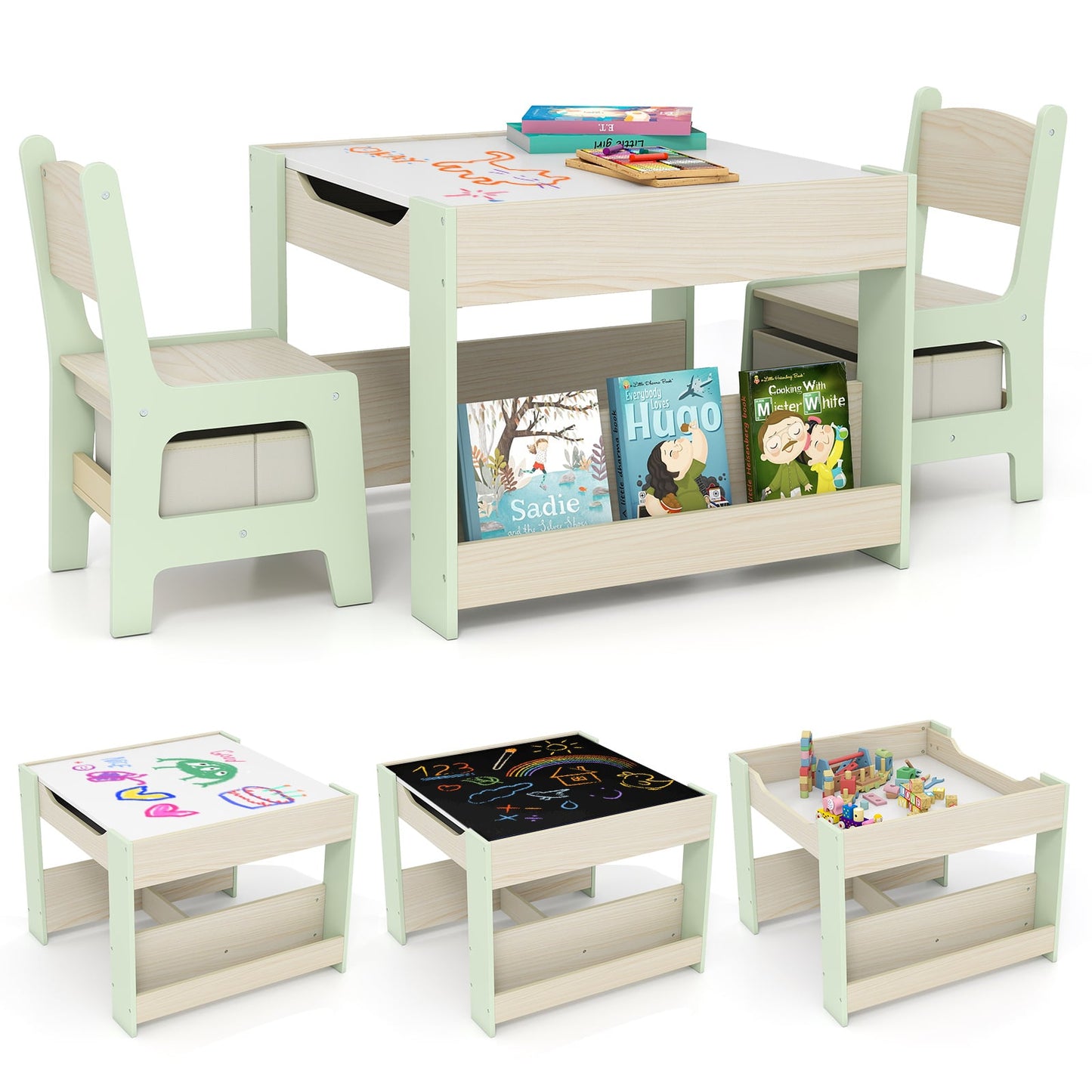 4 in 1 Kids Table and Chairs Set with Reversible Tabletop and Bookshelves-Green