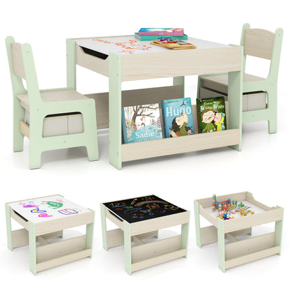 4 in 1 Kids Table and Chairs Set with Reversible Tabletop and Bookshelves-Green