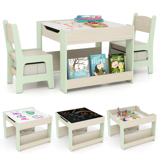 4 in 1 Kids Table and Chairs Set with Reversible Tabletop and Bookshelves-Green