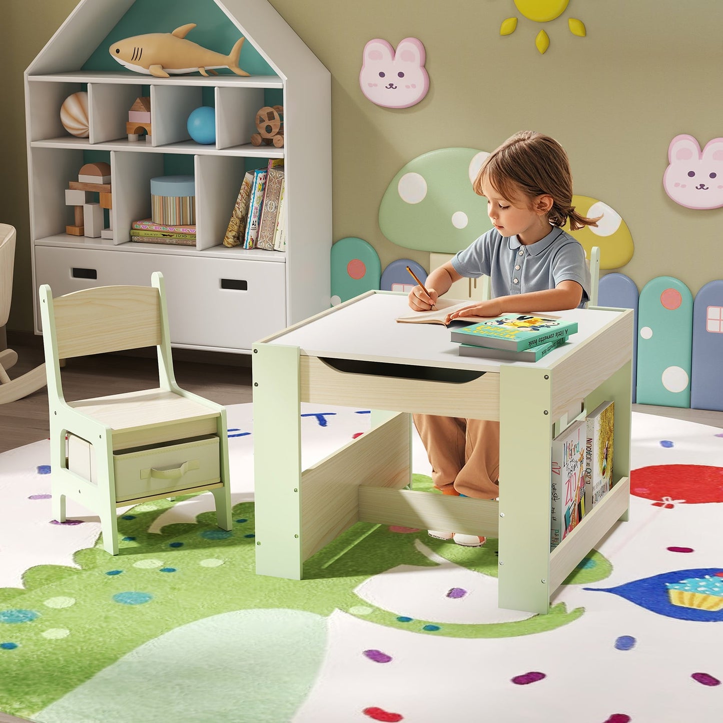 4 in 1 Kids Table and Chairs Set with Reversible Tabletop and Bookshelves-Green