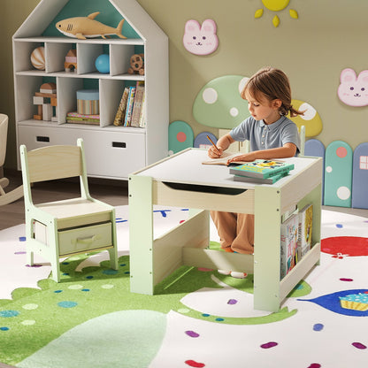4 in 1 Kids Table and Chairs Set with Reversible Tabletop and Bookshelves-Green