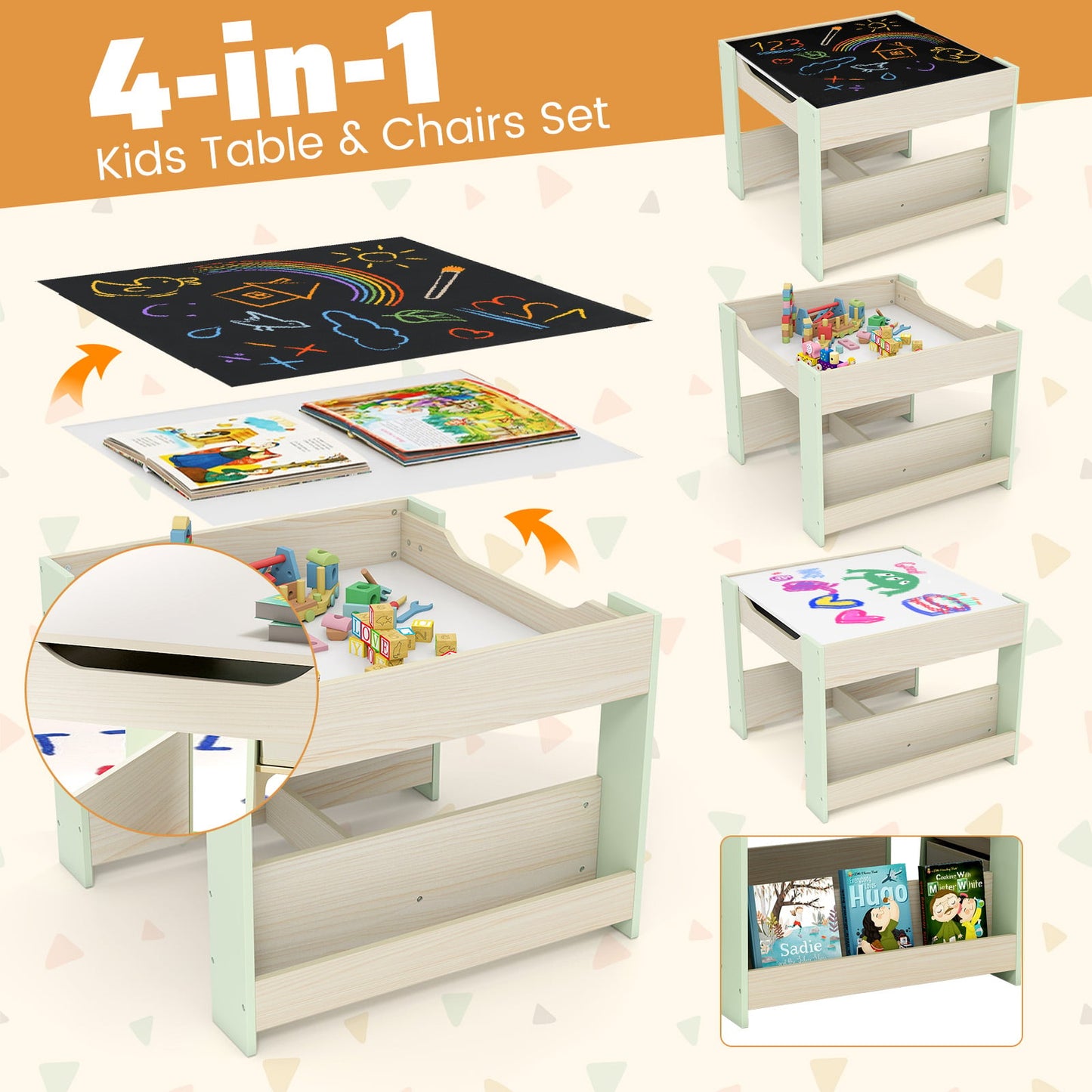 4 in 1 Kids Table and Chairs Set with Reversible Tabletop and Bookshelves-Green