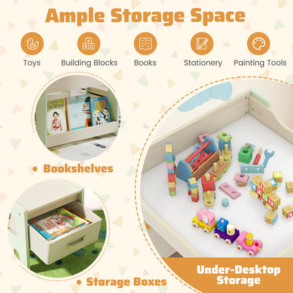 4 in 1 Kids Table and Chairs Set with Reversible Tabletop and Bookshelves-Green