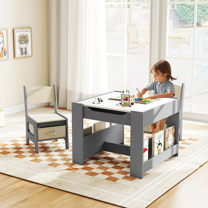 4 in 1 Kids Table and Chairs Set with Reversible Tabletop and Bookshelves-Dark Grey