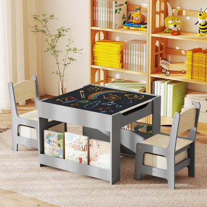 4 in 1 Kids Table and Chairs Set with Reversible Tabletop and Bookshelves-Dark Grey