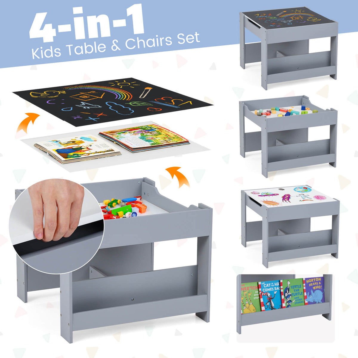 4 in 1 Kids Table and Chairs Set with Reversible Tabletop and Bookshelves-Dark Grey