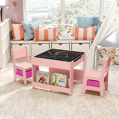 4 in 1 Kids Table and Chairs Set with Reversible Tabletop and Bookshelves-Pink