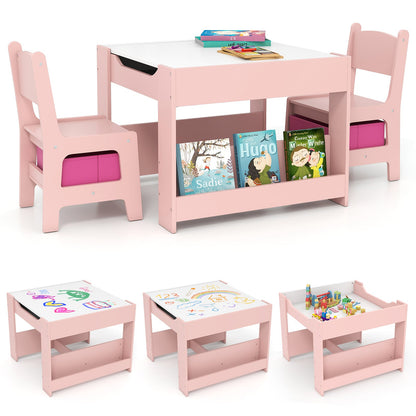 4 in 1 Kids Table and Chairs Set with Reversible Tabletop and Bookshelves-Pink