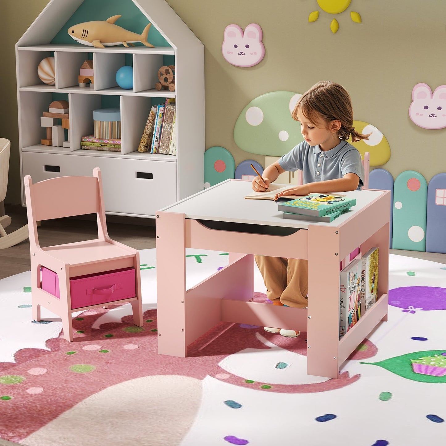 4 in 1 Kids Table and Chairs Set with Reversible Tabletop and Bookshelves-Pink