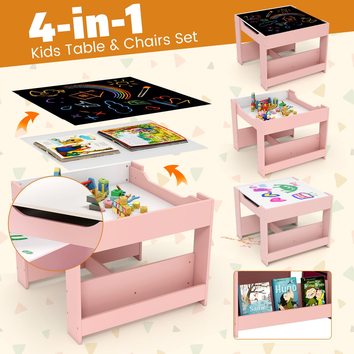4 in 1 Kids Table and Chairs Set with Reversible Tabletop and Bookshelves-Pink