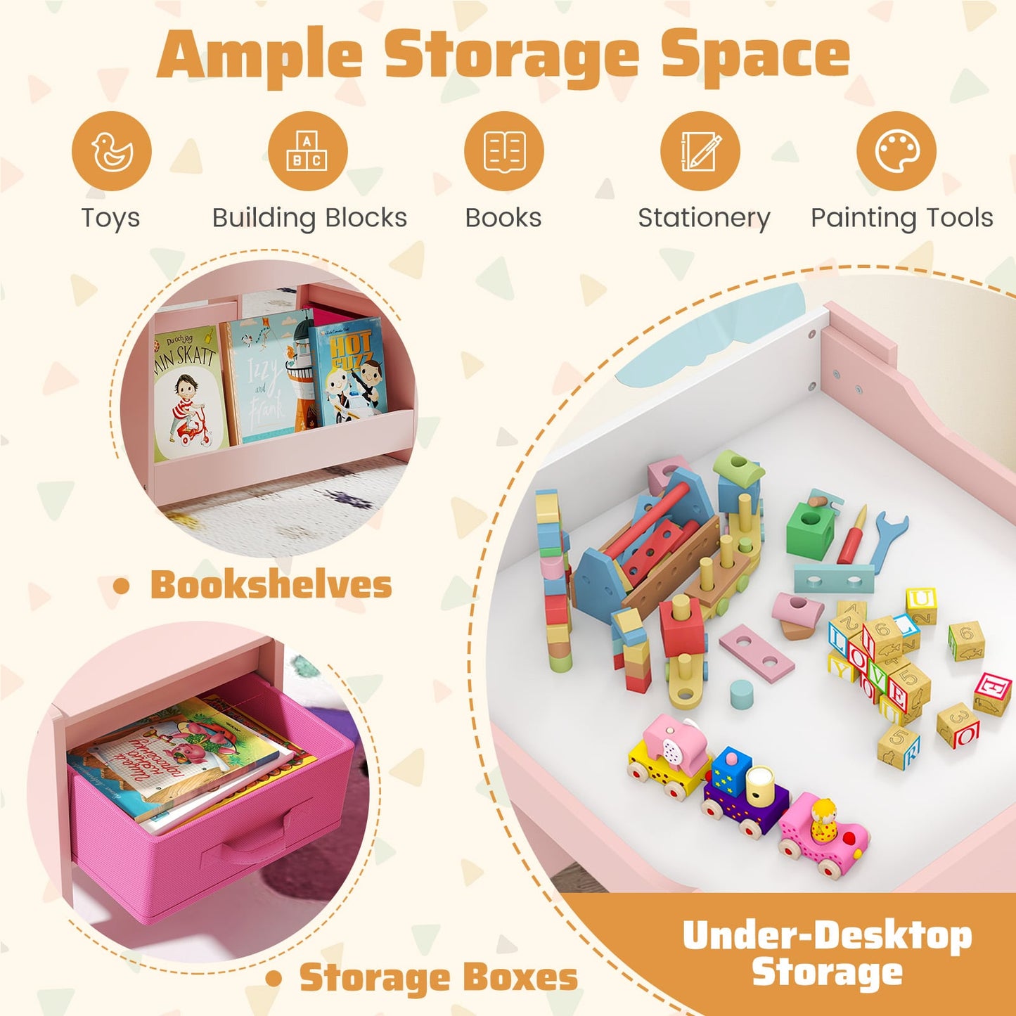 4 in 1 Kids Table and Chairs Set with Reversible Tabletop and Bookshelves-Pink