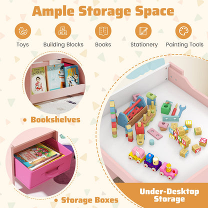 4 in 1 Kids Table and Chairs Set with Reversible Tabletop and Bookshelves-Pink
