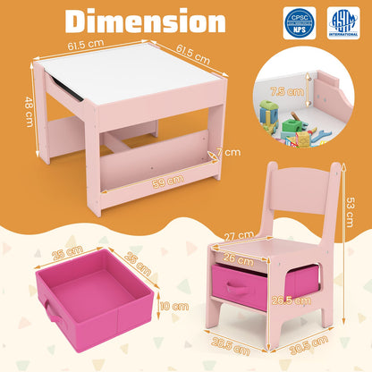 4 in 1 Kids Table and Chairs Set with Reversible Tabletop and Bookshelves-Pink