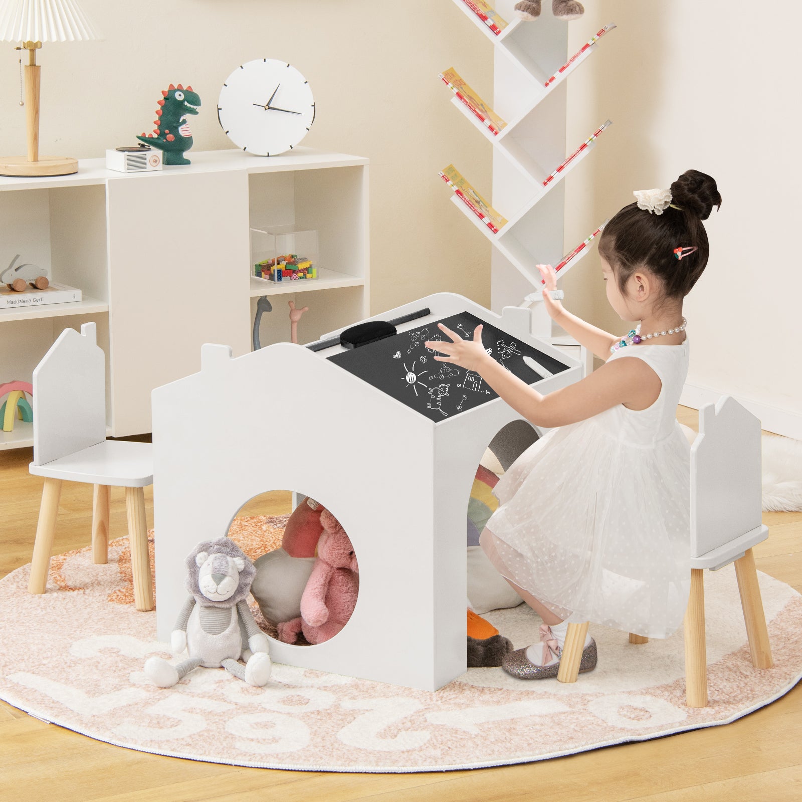 3 Pieces Wooden Kids Table and Chair Set with Chalkboards-White