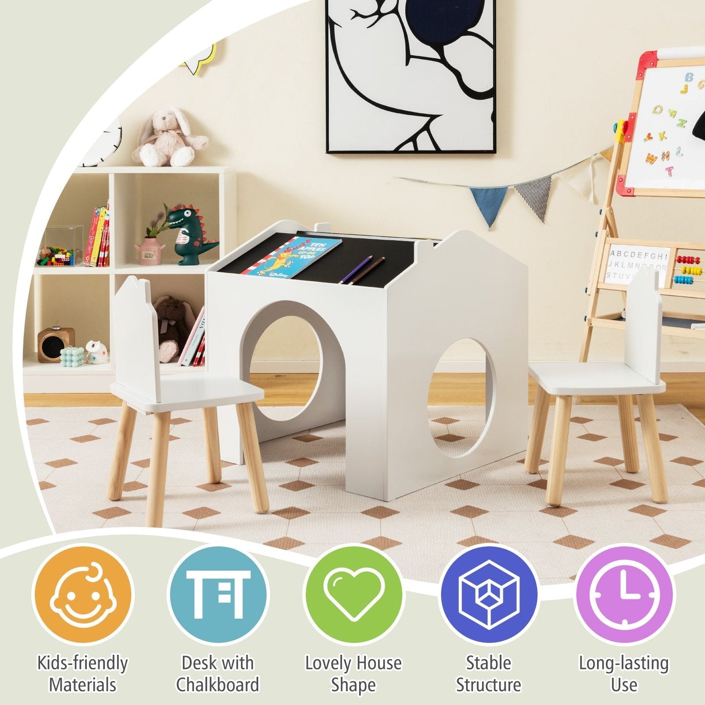 3 Pieces Wooden Kids Table and Chair Set with Chalkboards-White