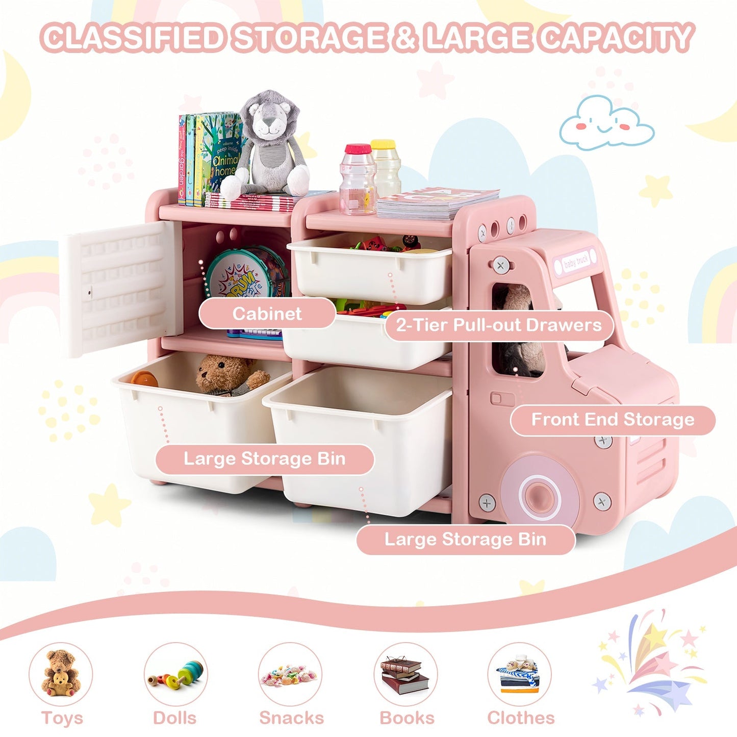 Truck-shaped Toddler Storage Cabinet Kids Toy Organizer-Pink
