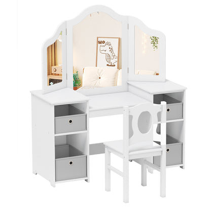 Kids Vanity Desk and Chair 2 in 1 Toddler Makeup Pretend Play Table-Gray & White
