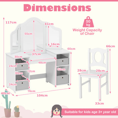 Kids Vanity Desk and Chair 2 in 1 Toddler Makeup Pretend Play Table-Gray & White