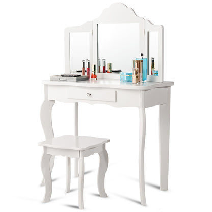 Kids Vanity Makeup Table Set Princess Makeup Dressing Table with Stool-White