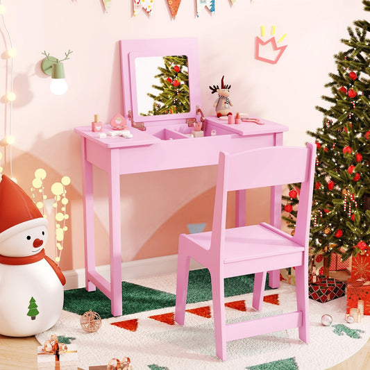 2-in-1 Kids Vanity Makeup Table and Chair Set with Flip Top Mirror-Pink