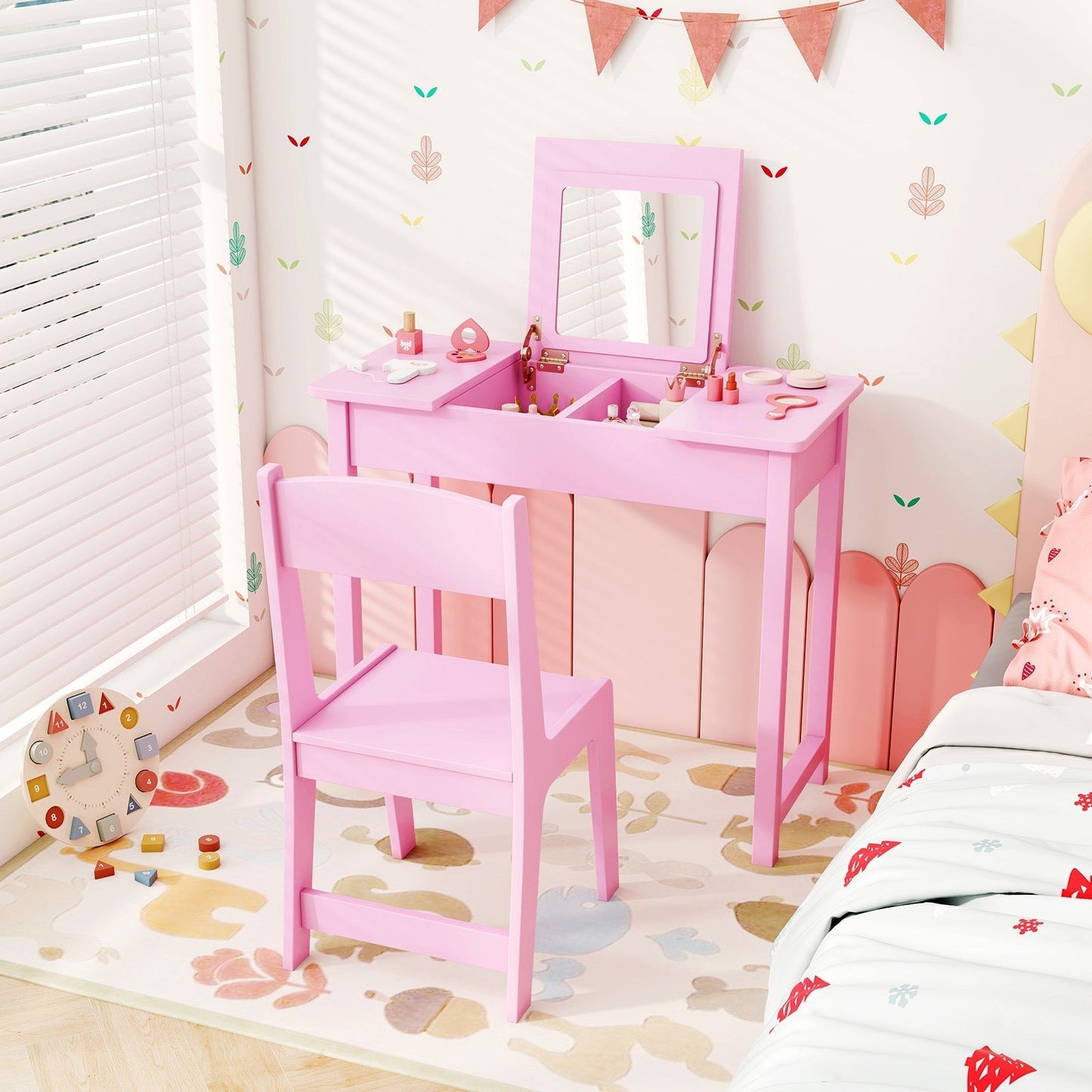 2-in-1 Kids Vanity Makeup Table and Chair Set with Flip Top Mirror-Pink