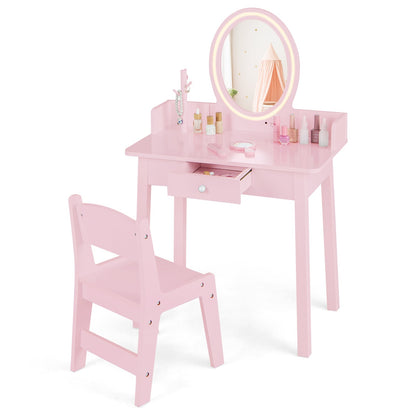 Kids Vanity Set Makeup Beauty Dressing Table and Chair with Lighted Mirror-Light Pink